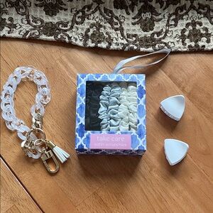 New! Satin Scrunchies Set, hair clips and plastic key chain